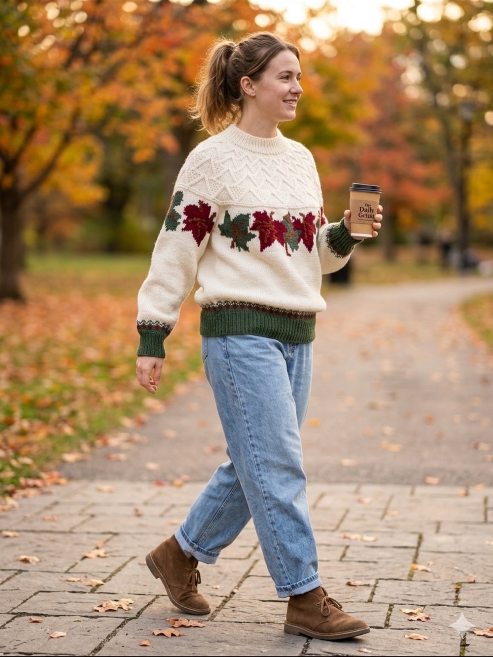 One of a Kind Hand Knitted Cream & Green Leaf Motif Sweater